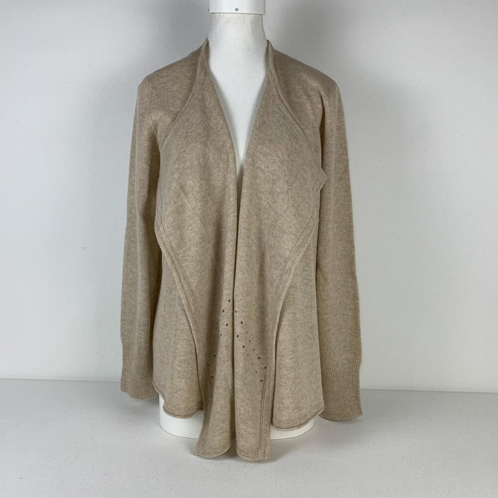 Luxurious Tan Cashmere Cardigan by [Brand Name] - Open Front, Size M/L